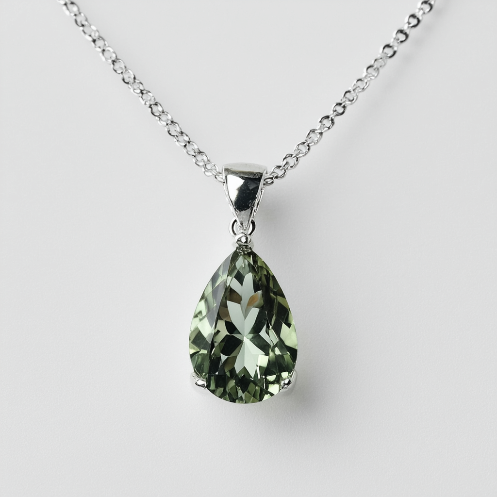 Amazon Collection Sterling Silver 8x5mm Pear-Shaped Briolette Green Amethyst Pendant Necklace