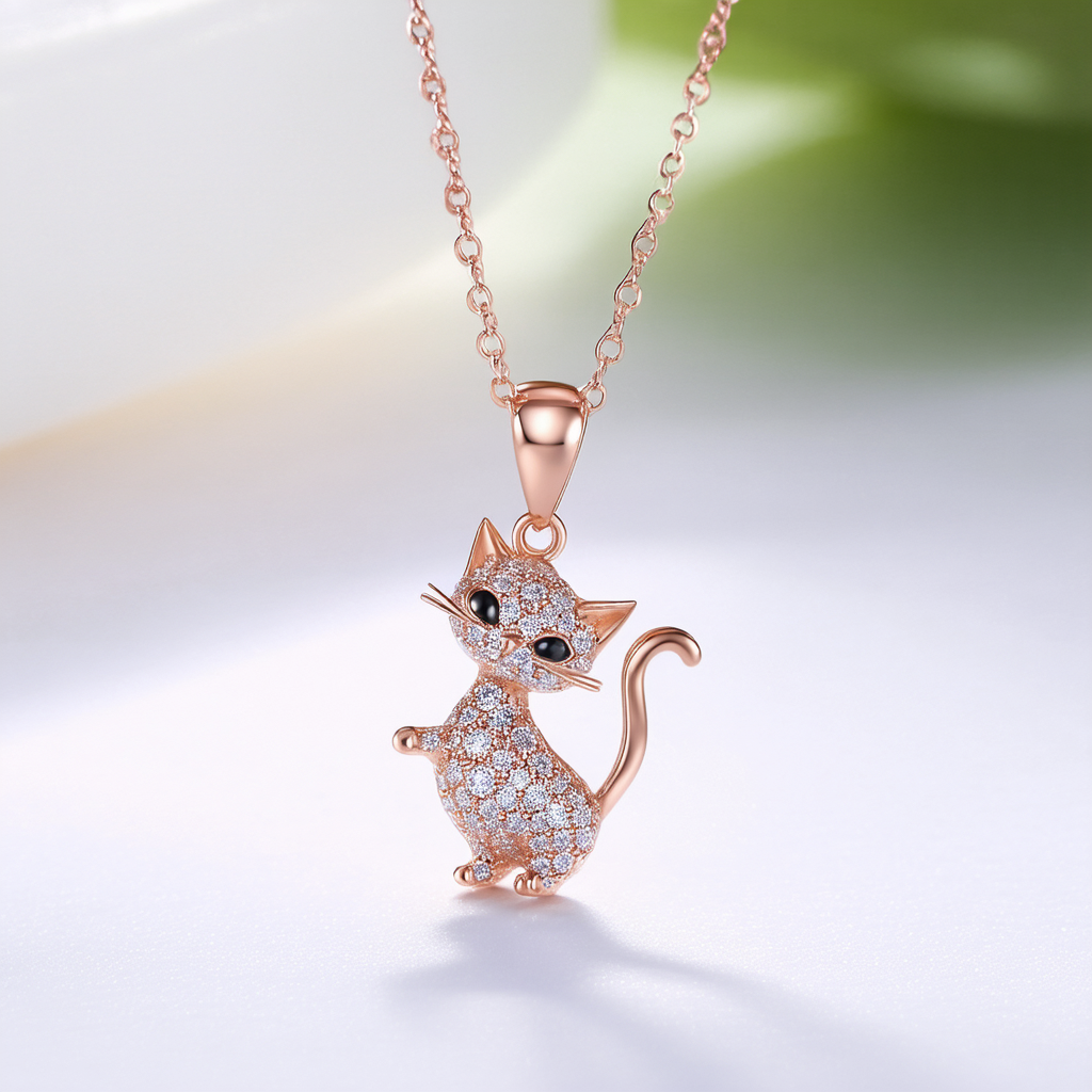 Amazon Collection Sterling Silver with Pink Gold Plating Diamond Cat Dancing Pendant Necklace, 18"