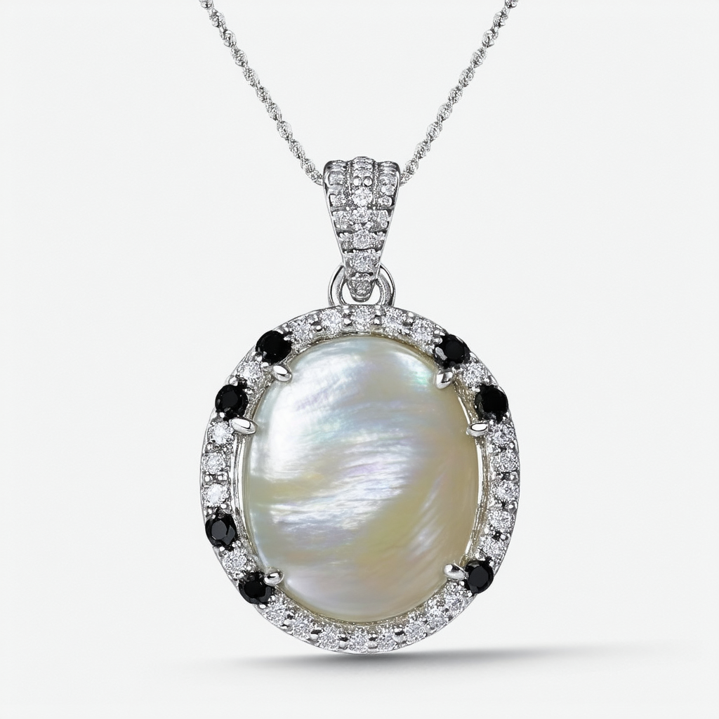 Amazon Collection Sterling Silver Mother-Of-Pearl, Onyx and Lab White Sapphire Pendant Necklace, 18"