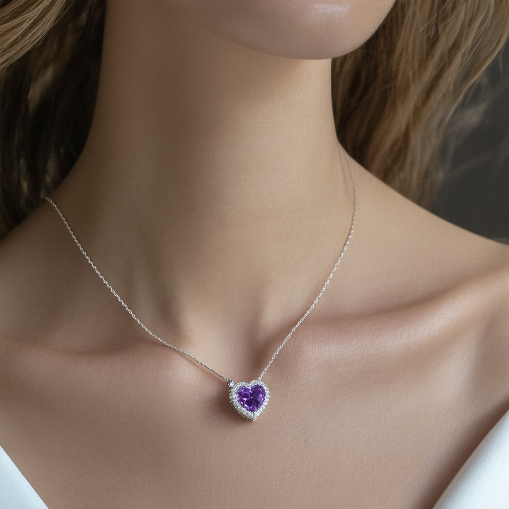 Amazon Collection Sterling Silver Heart Halo Amethyst and Diamond Accent Pendant Necklace, 18"