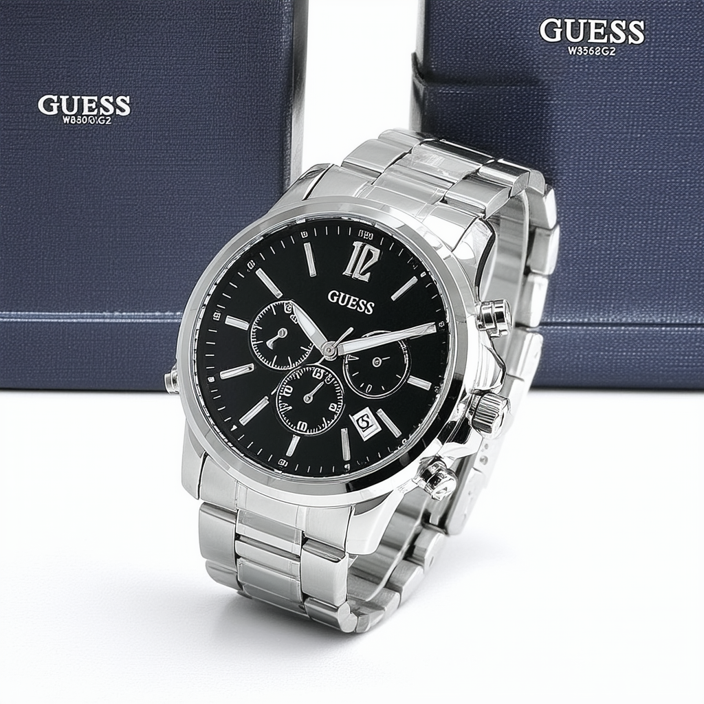 GUESS Men's W85082G2 Round Stainless-Steel Case And Bracelet Black Dial Watch