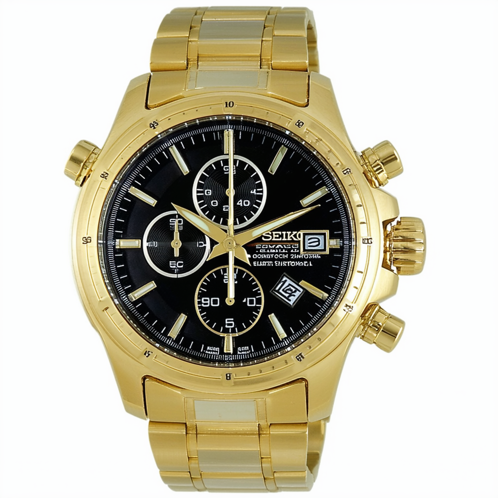 Seiko SNA414 Men's Watch Gold Tone 200m Flight Chronograph Black Dial