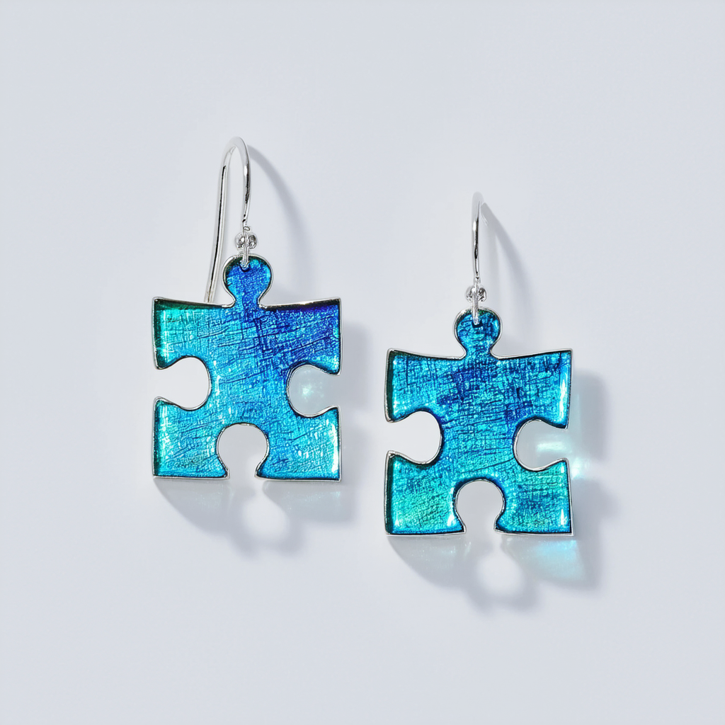 Amazon Collection Sterling Silver Dichroic Glass Translucent Light Blue Puzzle Piece Earrings