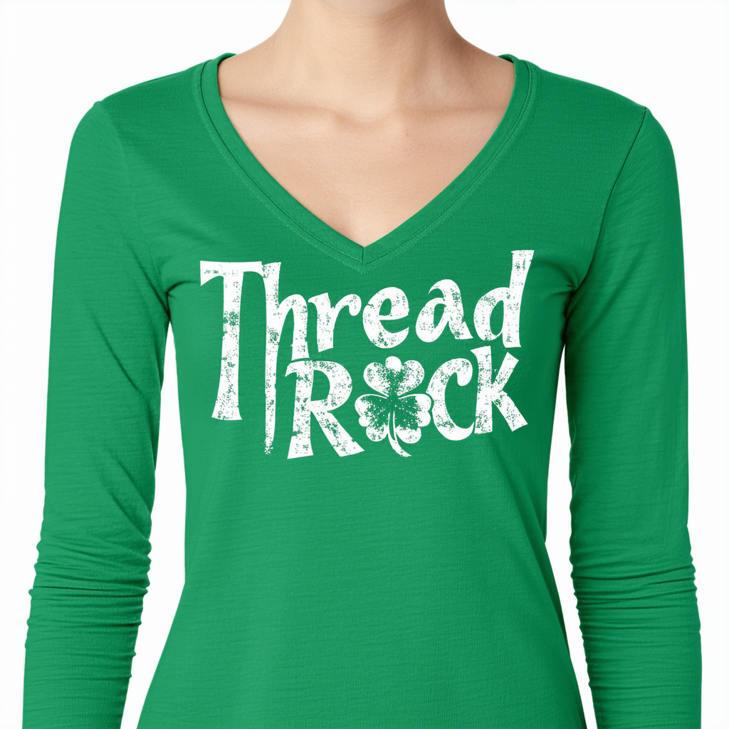 Threadrock Women's Green Shamrock Typography Long Sleeve V-Neck T-Shirt