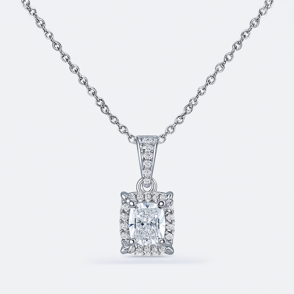 Amazon Collection Sterling Silver Cubic Zirconia Rectangle Halo Pendant Necklace