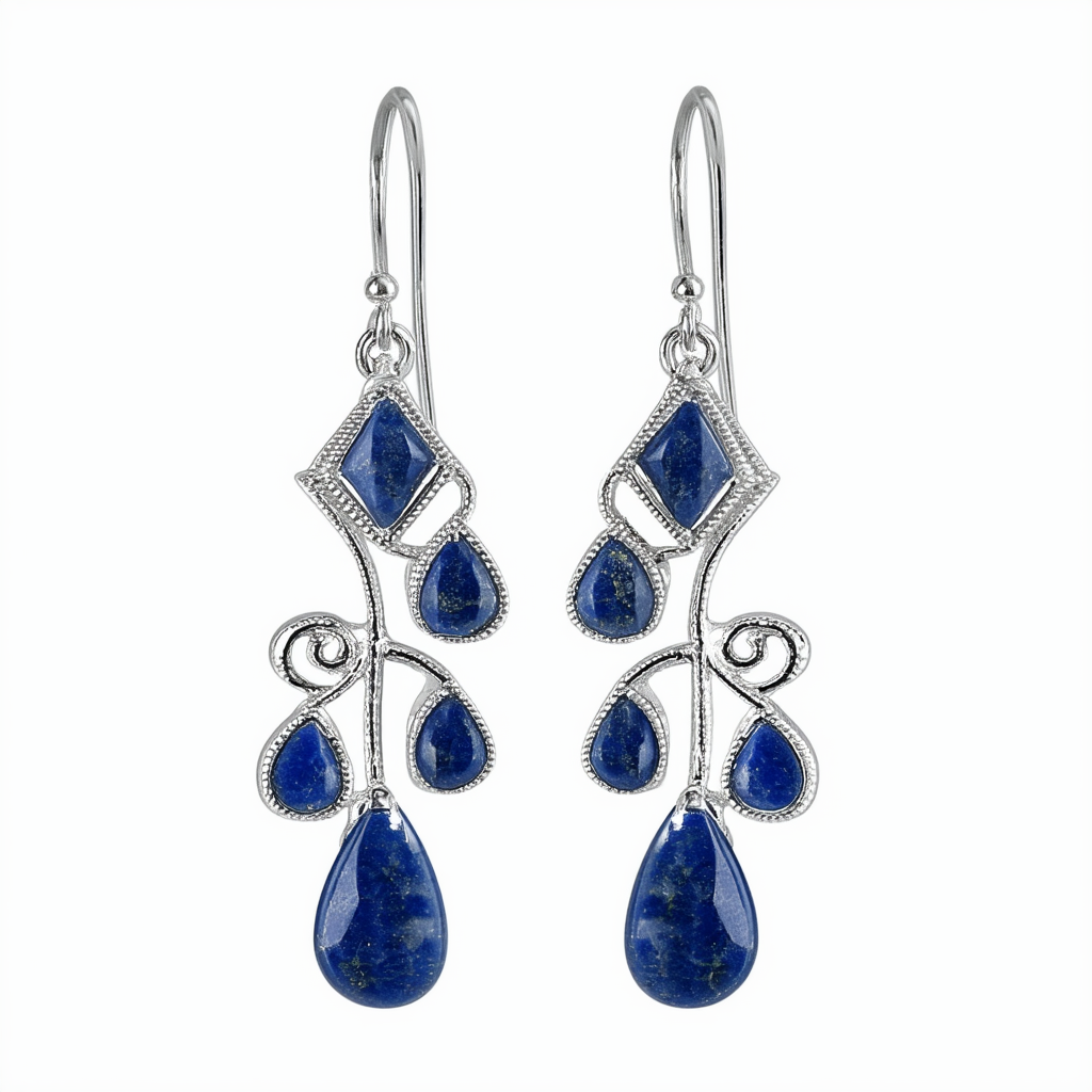Amazon Collection Sterling Silver Diamond Shaped Filigree French Wire Earrings with 5 Sodalite Drops