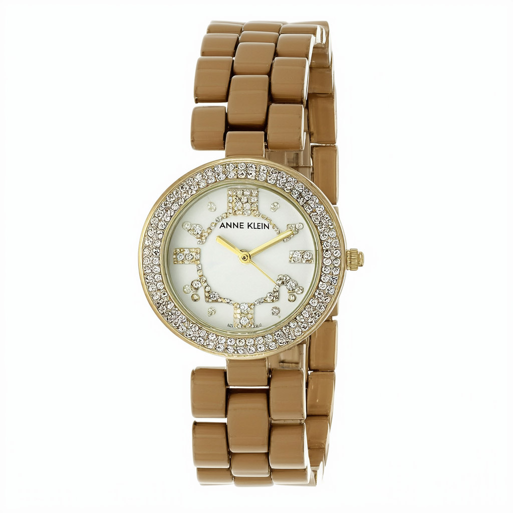Anne Klein Women's AK/2130TNGB Premium Crystal Accented Gold-Tone and Tan Ceramic Bracelet Watch