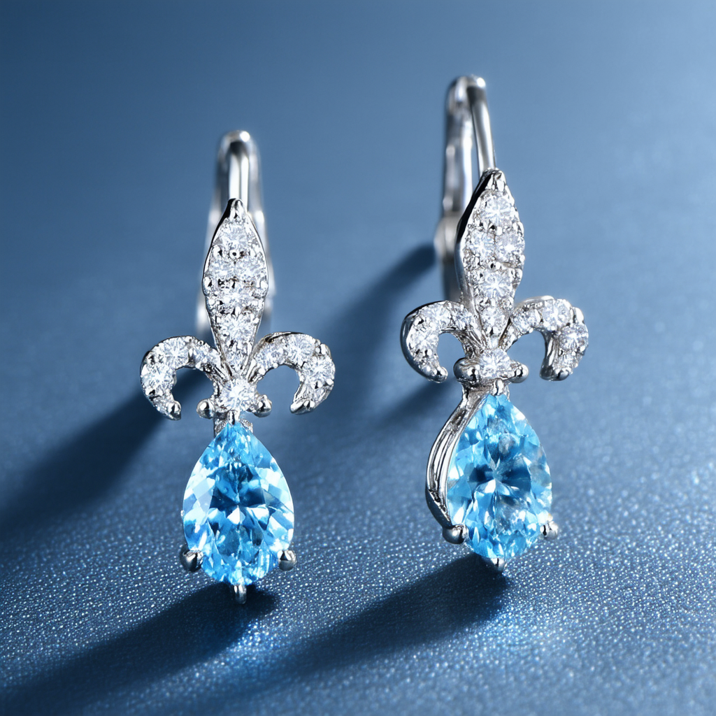 Amazon Collection 14k White Gold Blue Topaz and Diamond Fleur-de-Lis Drop Earrings
