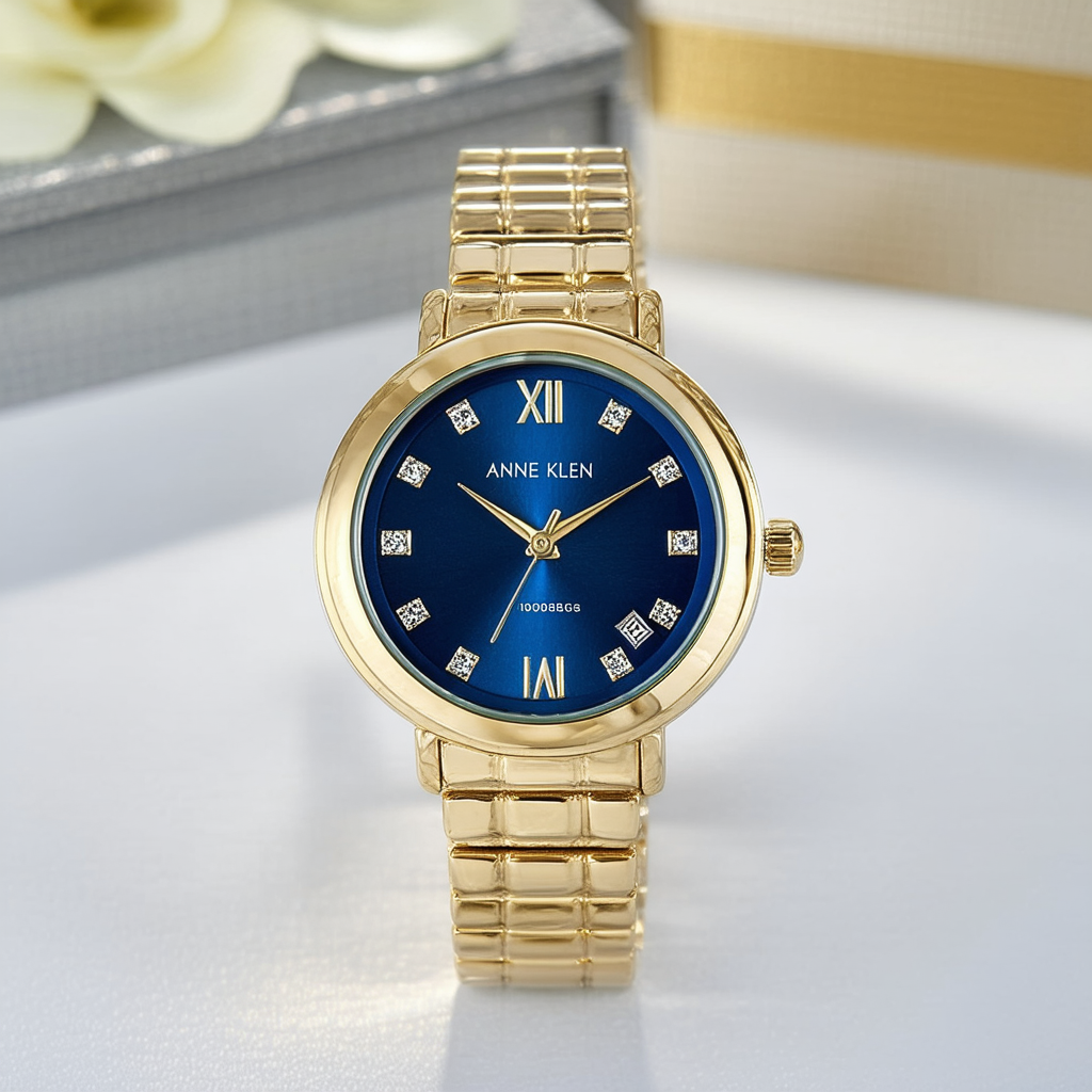 Anne Klein Women's 108030BLGB Diamond Accented Gold-Tone Watch with a Blue Dial