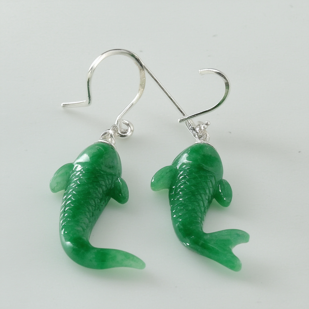Amazon Collection Sterling Silver, Dyed Green Jade Good Luck Fish Hook Earrings