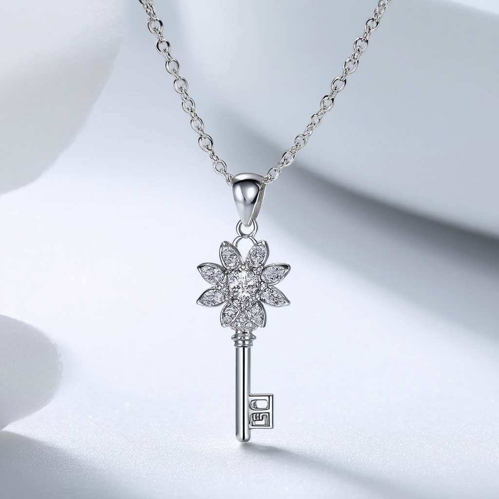 Amazon Collection Sterling Silver Crystal Flower Key Pendant Necklace, 18"
