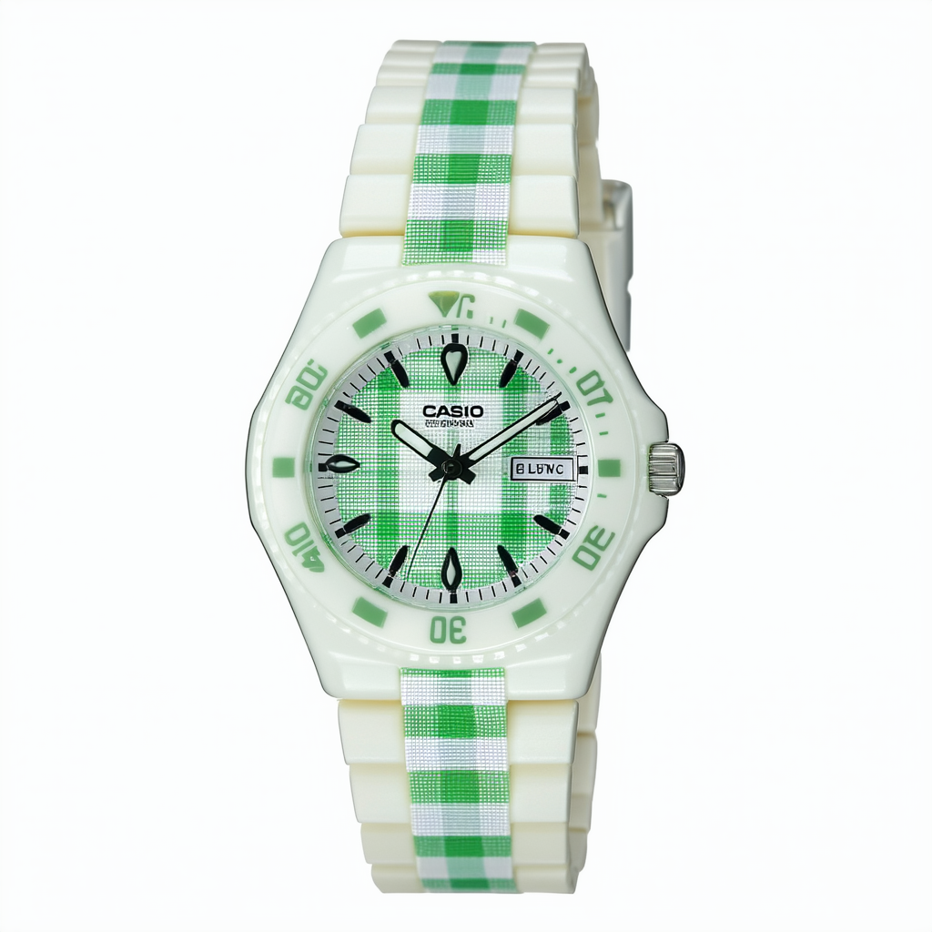 Casio LRW200H-3CV Women's White Resin Band Plaid Green Dial Day Date Watch