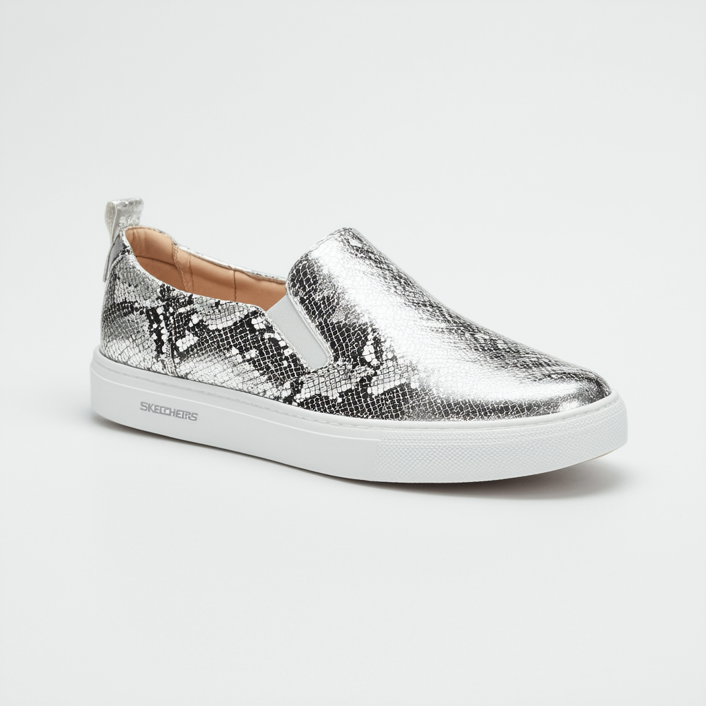 Skechers Women's Vaso - Metallic Snake Print Twin Gore Slip-On White/Silver Shoe