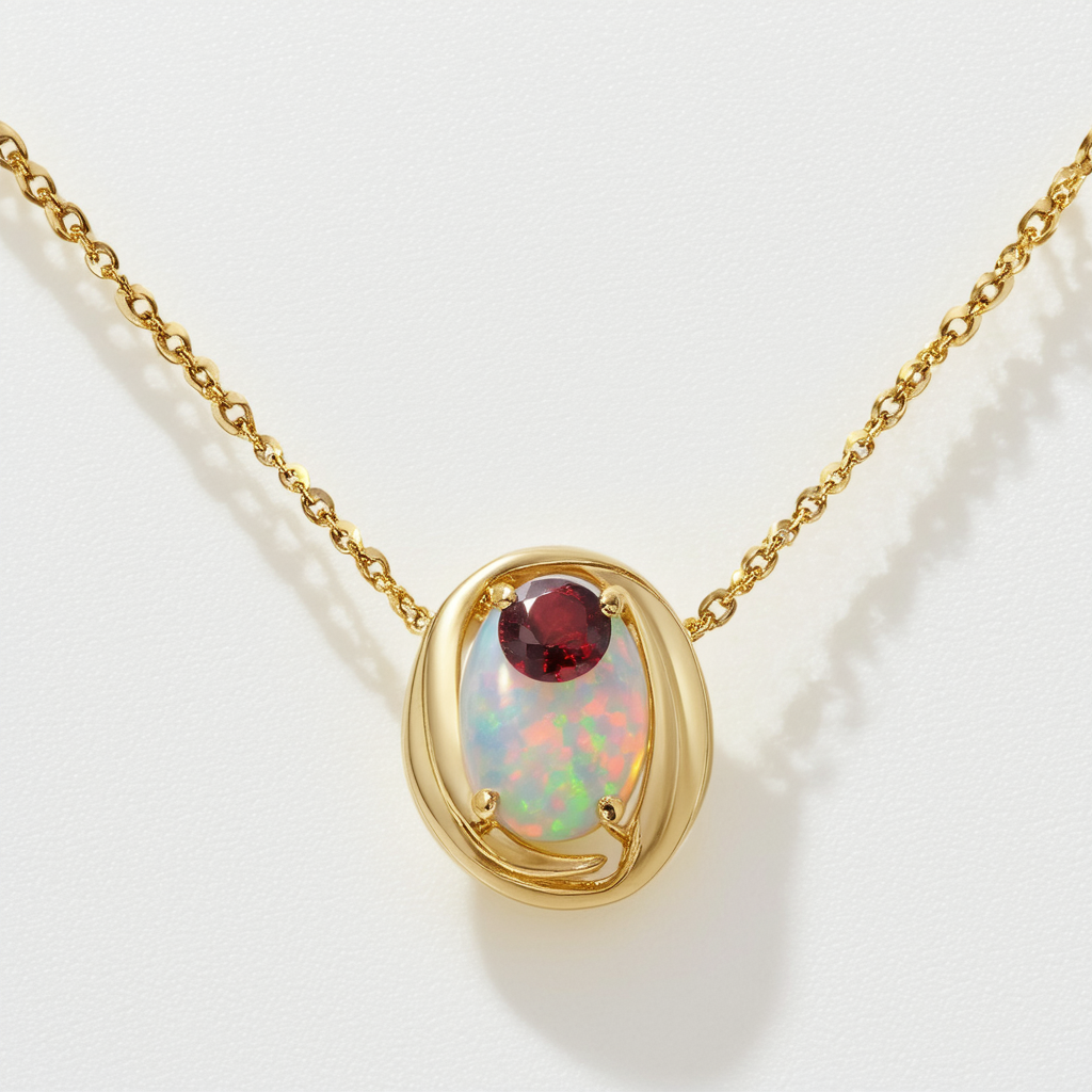 Amazon Collection 14k Yellow Gold Garnet Framed with Opal Center Pendant Necklace, 18"