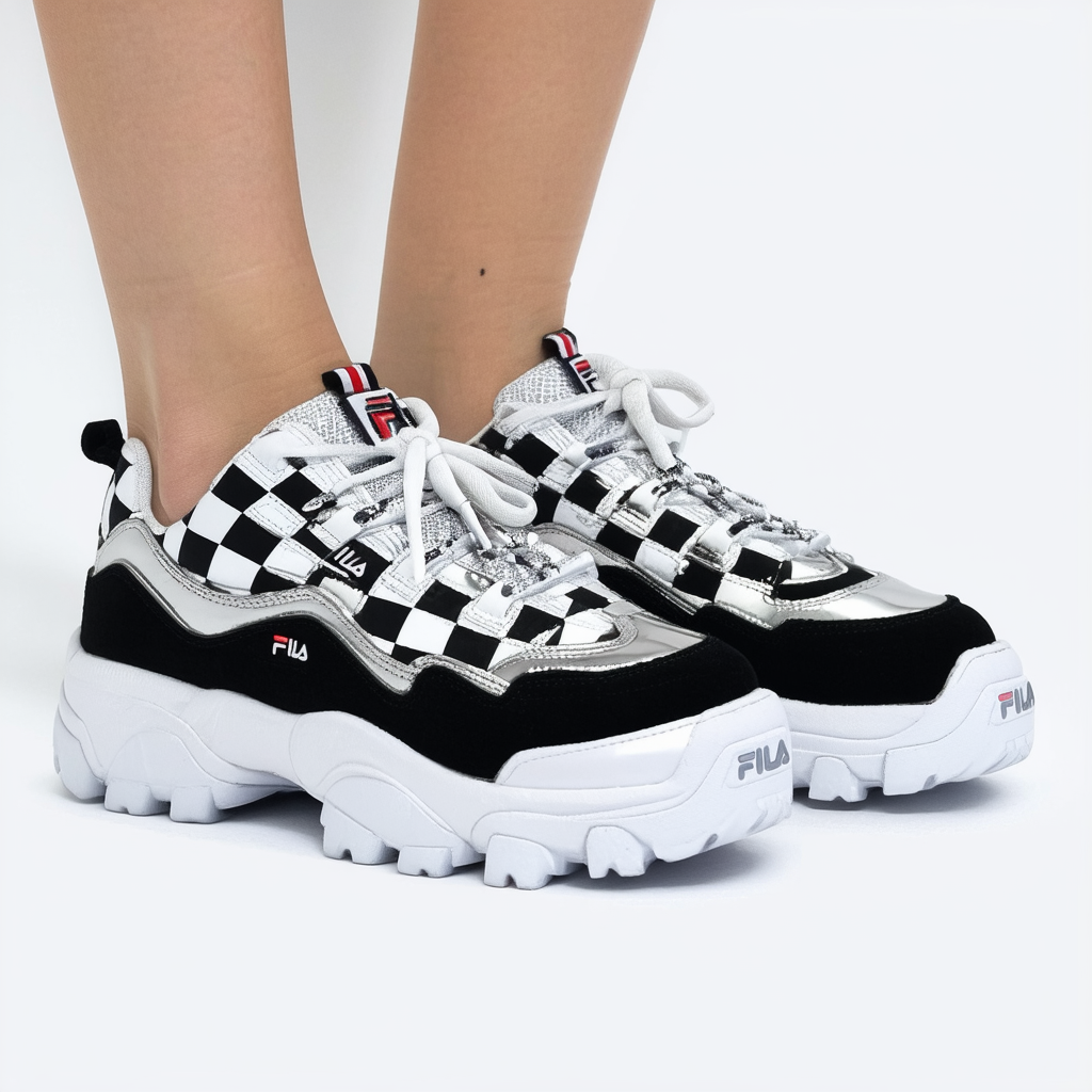 Fila Women's Disruptor II Sneaker (11, Checker- Black/Metallic Silver/White)