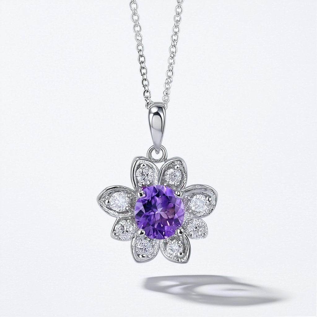 Amazon Collection Sterling Silver Amethyst and Created White Sapphire Flower Pendant Necklace, 18"