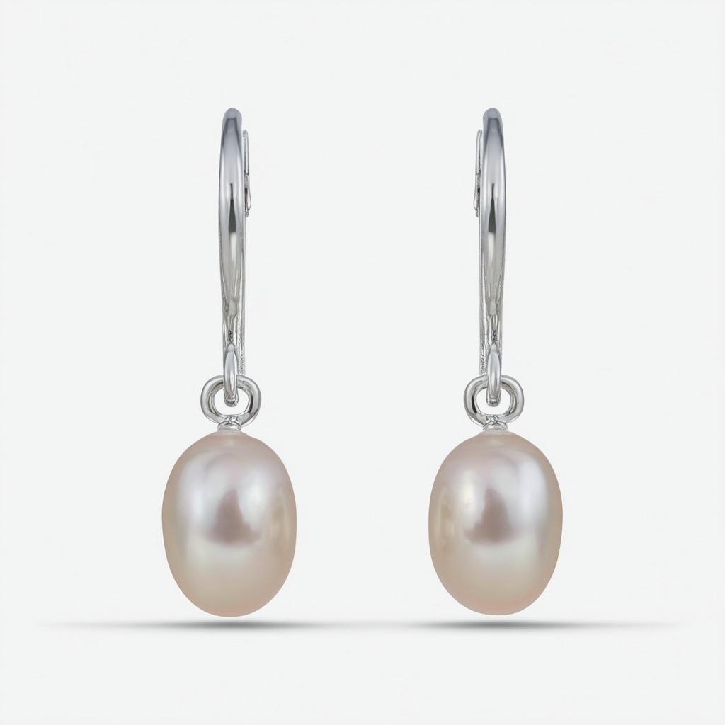 Amazon Collection 10k White Gold Oval Freshwater Cultured Pearl Dangle Earrings