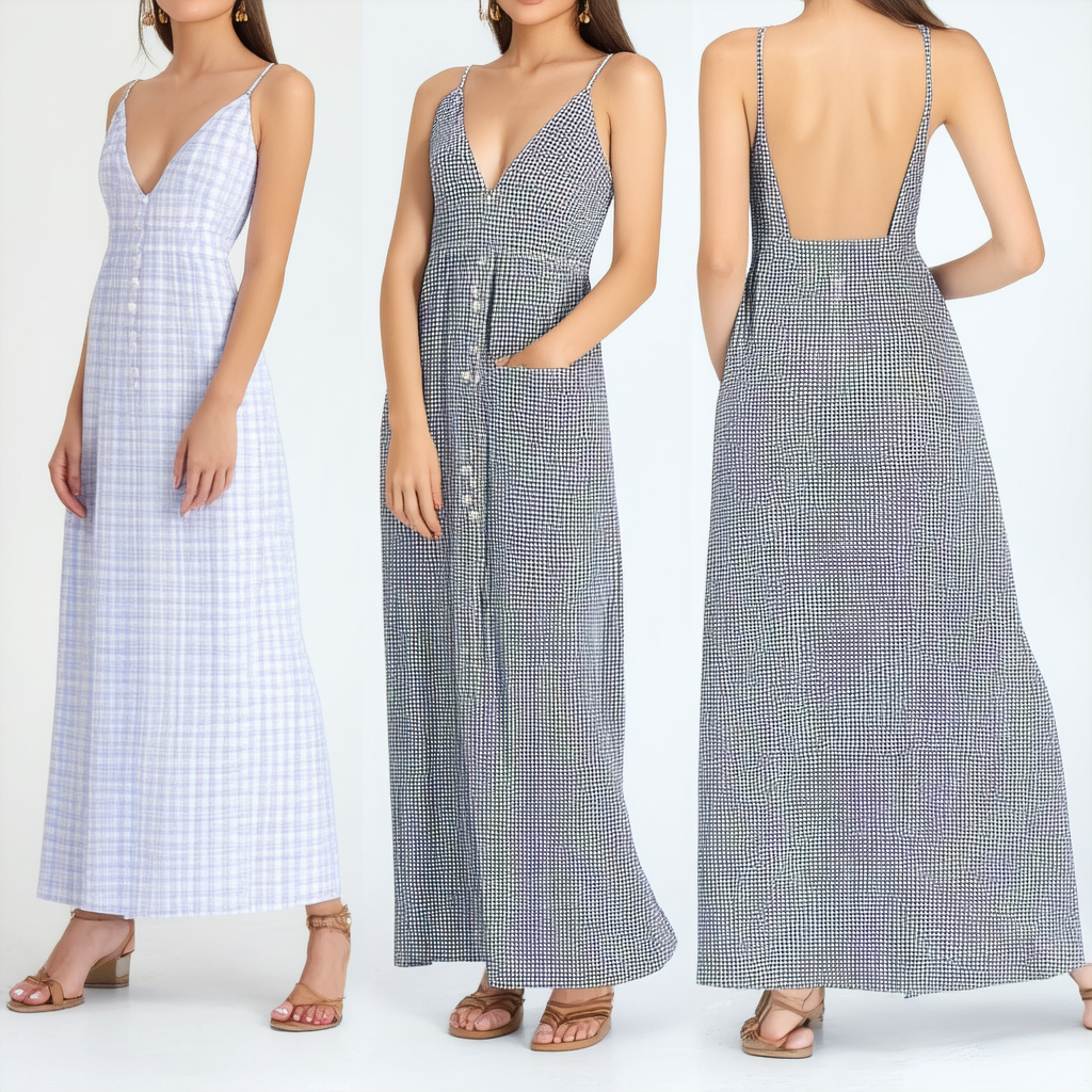 Women's 's Summer Dresses Fashion Short Sleeve Slim Vintage Check Print V-Neck Maxi Dress Tank