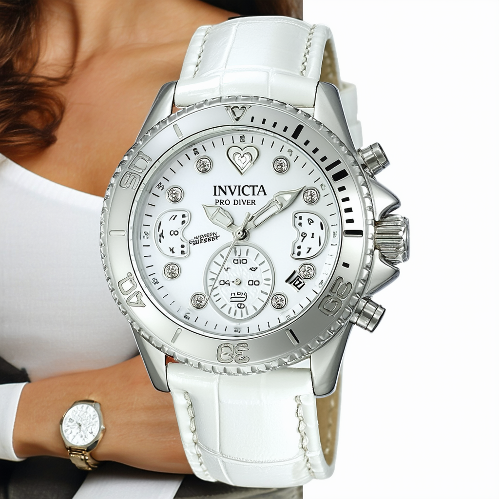 Invicta Women's 12401 Pro Diver Silver Heart Dial White Leather Watch