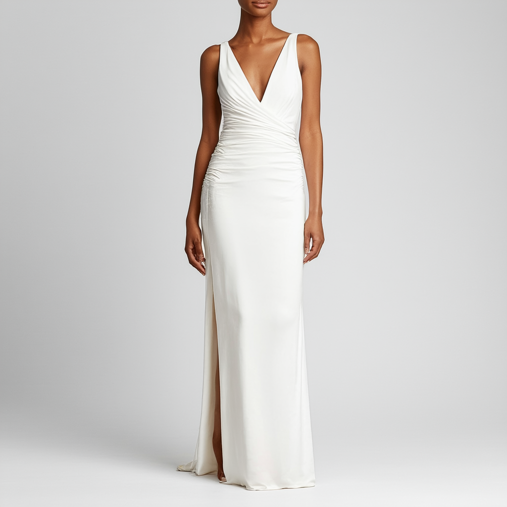 Calvin Klein Women's Sleeveless V-Neck Gown with Side Ruched Waist