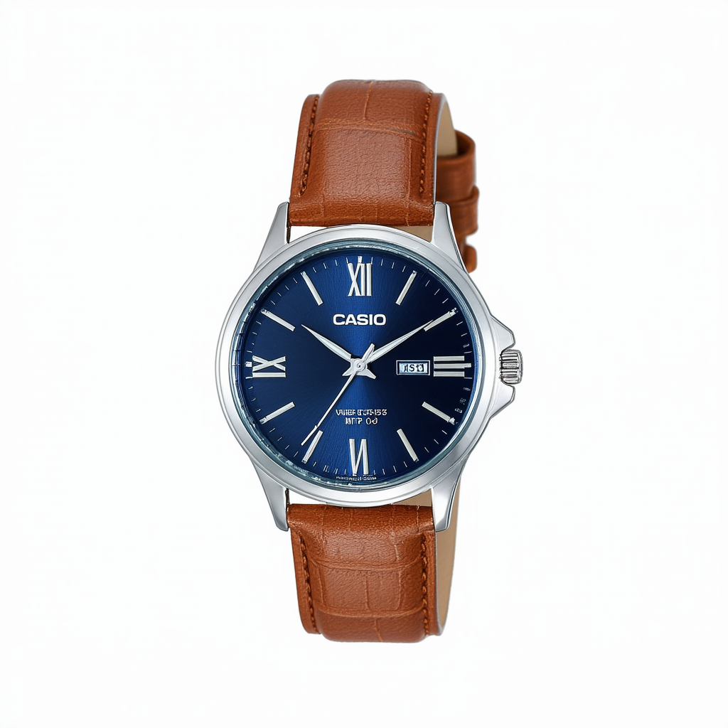 Casio MTP-V005L-2B5 Men's Standard Analog Tan Leather Band Roman Blue Dial Watch
