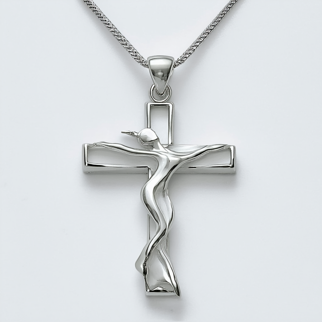 Amazon Collection 14k White Gold Freeform/Dancing Cross on 18" White Gold Chain