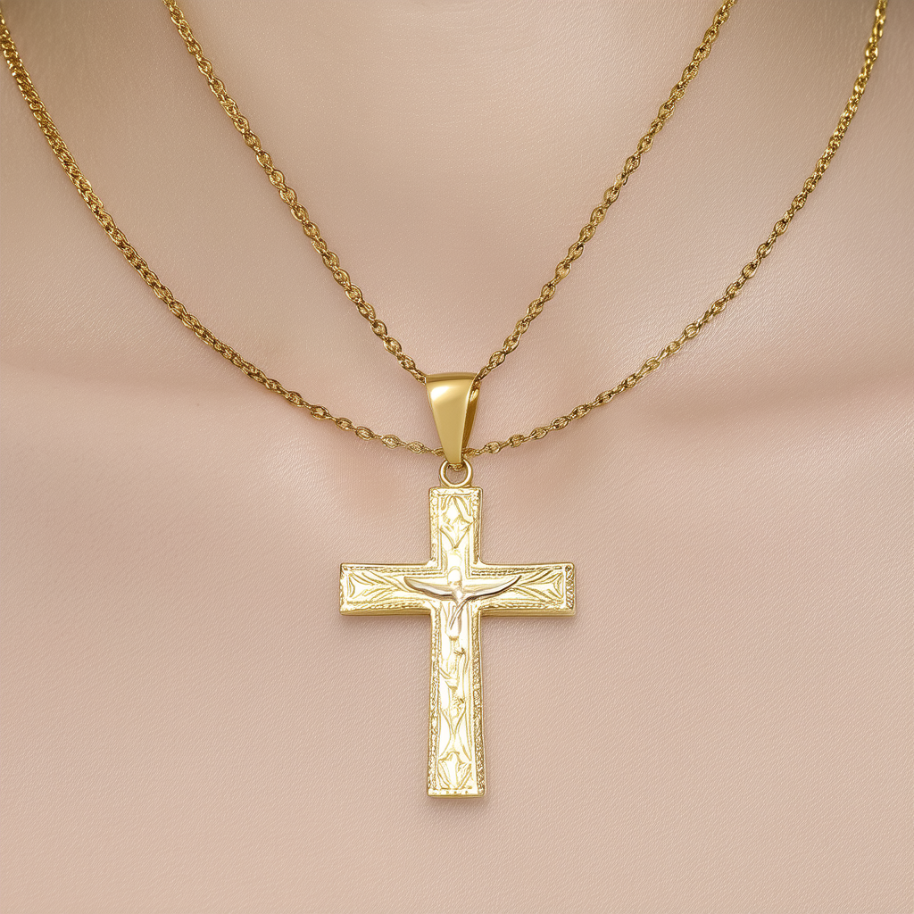 Amazon Collection Ladies' 14k Gold Filled Polished Embossed Cross Pendant Necklace, 18"