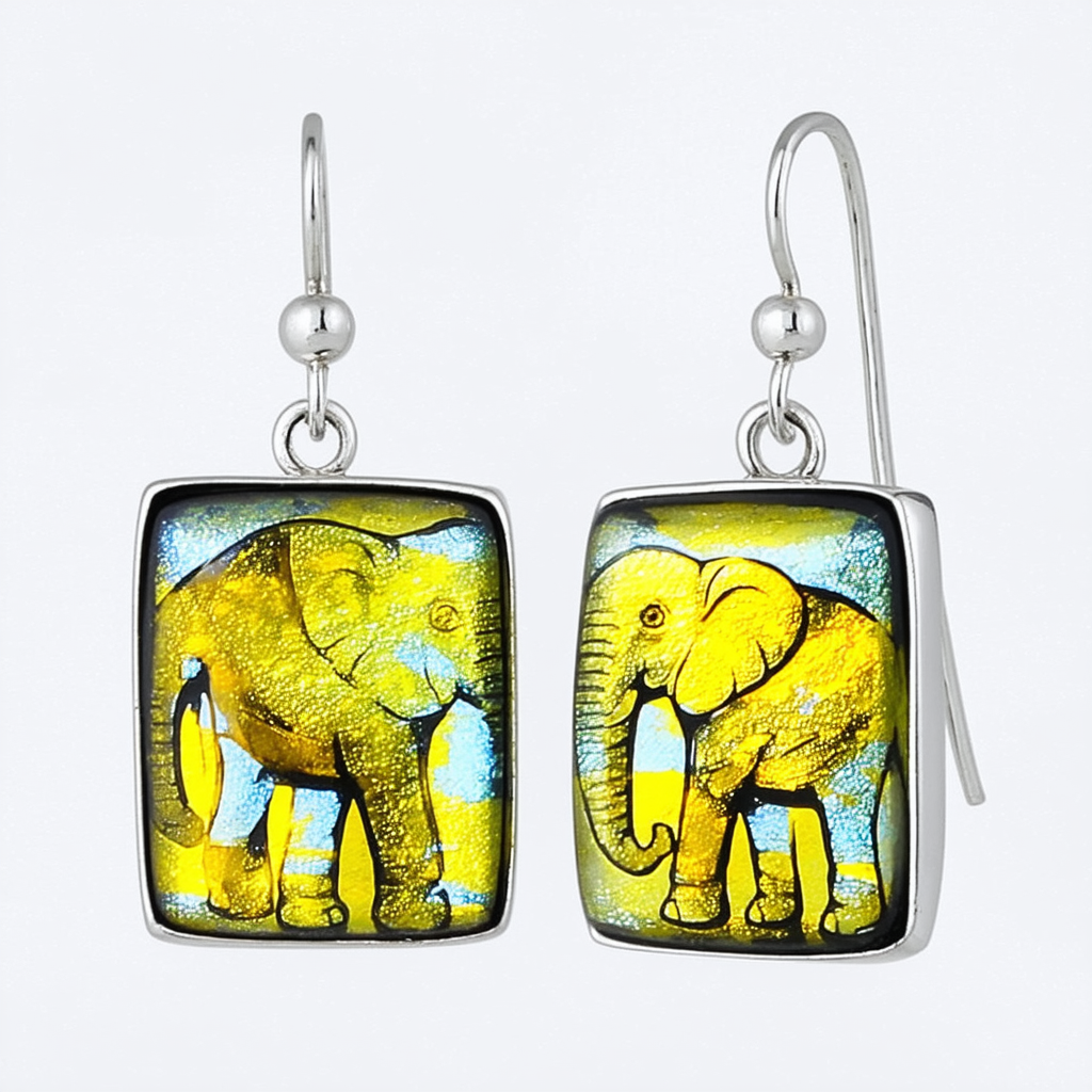 Amazon Collection Sterling Silver Dichroic Glass Yellow Elephant Pattern Square-Shaped Earrings