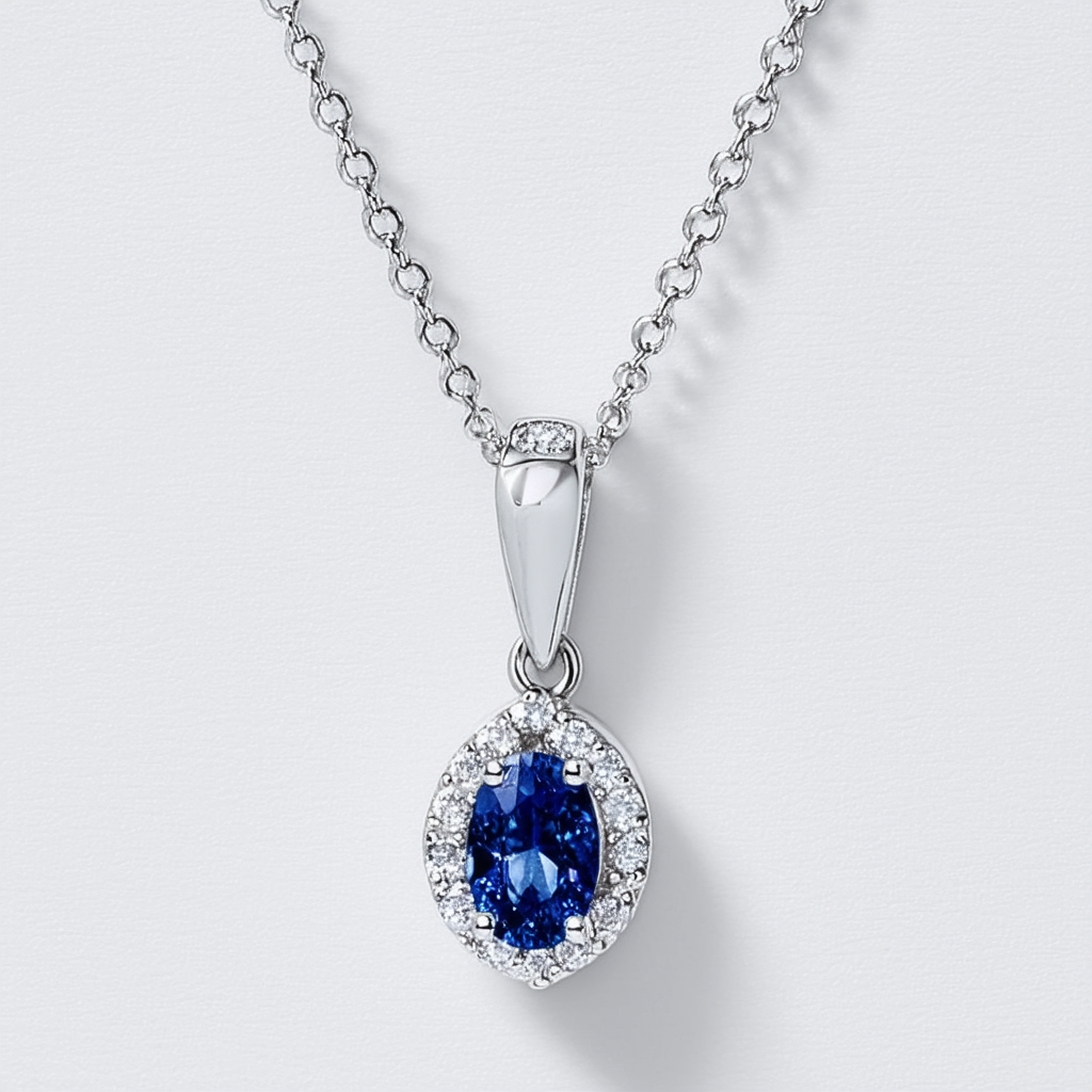 Amazon Collection Sterling Silver Created Sapphire and Diamond-Accented Pendant Necklace, 18"
