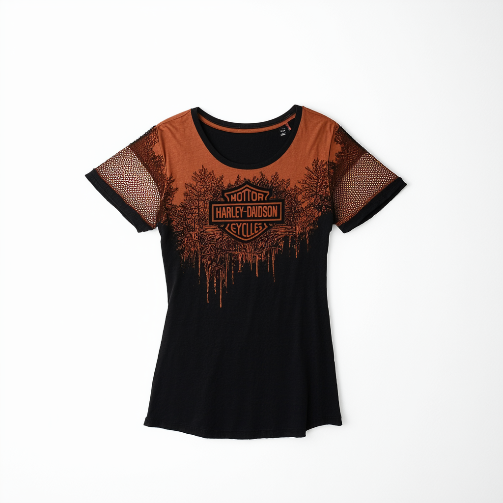 Harley-Davidson Women's Autumn Rust Embellished Mesh Sleeves Tee, Black