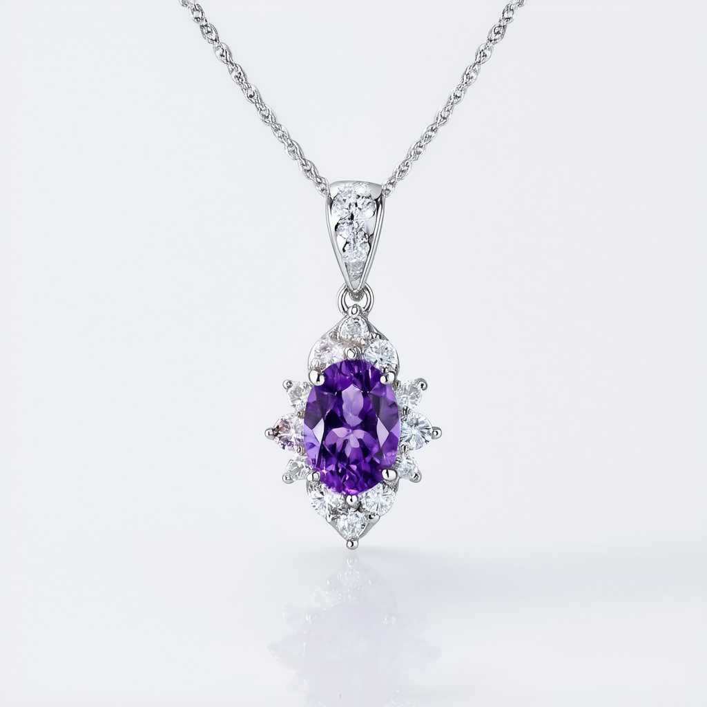 Amazon Collection Sterling Silver Genuine Amethyst and White Topaz Pendant Necklace, 18"