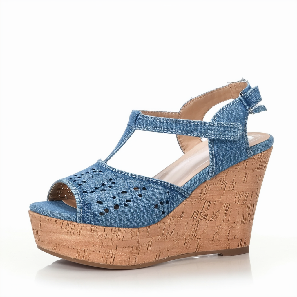 Qupid Women Denim Peep Toe Hollow Out Platform Wedge Sandal FF10 - Blue Denim