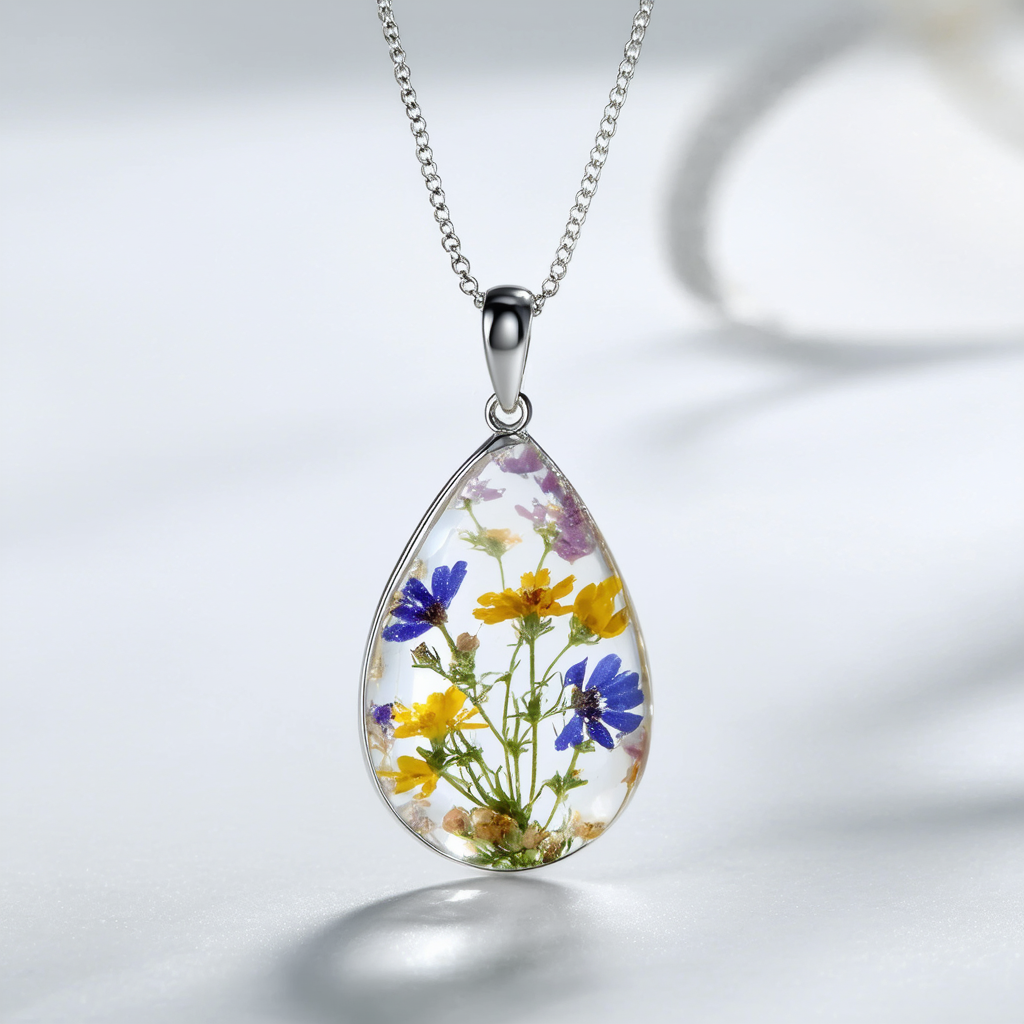 Amazon Collection Sterling Silver Teardrop Glass and Pressed Flower Pendant Necklace, 18"