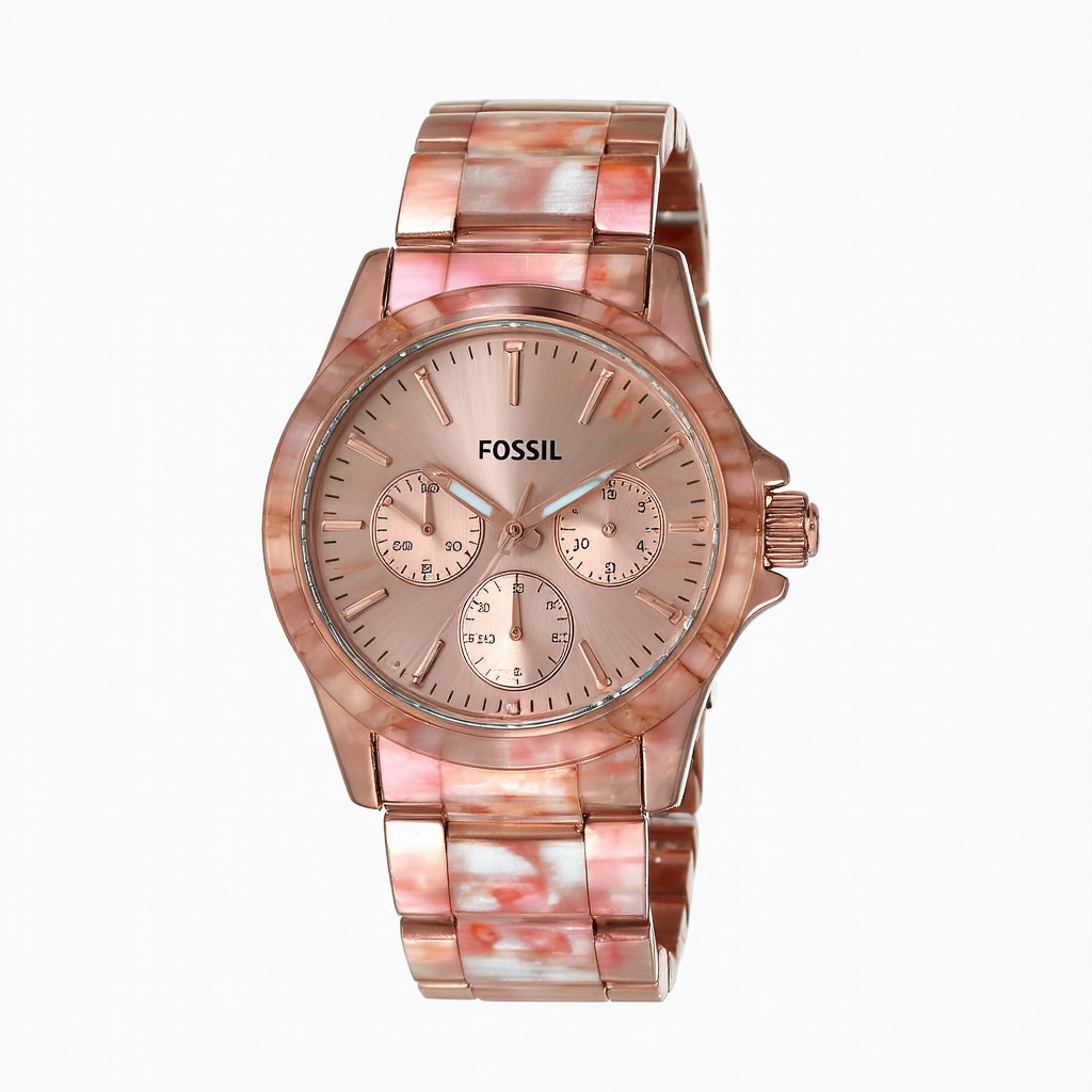 Fossil Women's AM4616 Cecile Three-Hand Stainless Steel Watch Rose with Horn Acetate