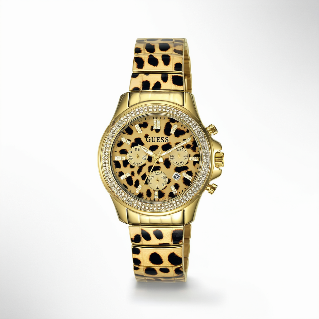 GUESS Women's U96023L1 Iconic 30th Anniversary Leopard Print Gold-Tone Watch