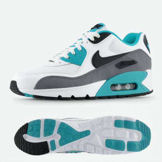 Nike Men's AIR MAX 90 Running Shoe, White/Particle Grey/Hyper Turq/Black/Lt Smoke Grey, 13 UK