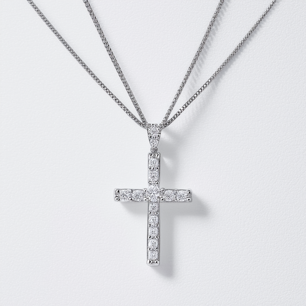 10k White Gold Multiple-Strand one and Diamonds Cross Pendant Necklace , 18"