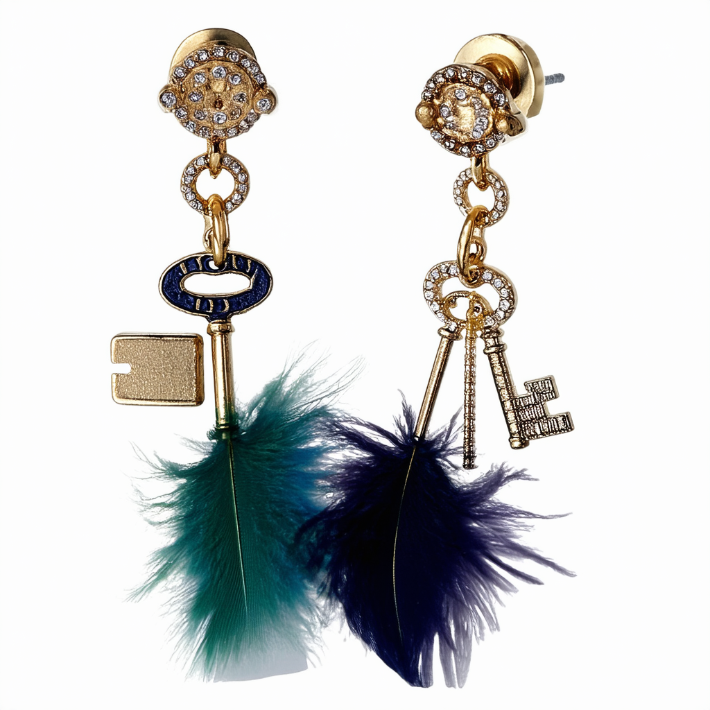 Betsey Johnson "Lady Lock" Multi-Key Feather Ear Cuff Drop Earrings