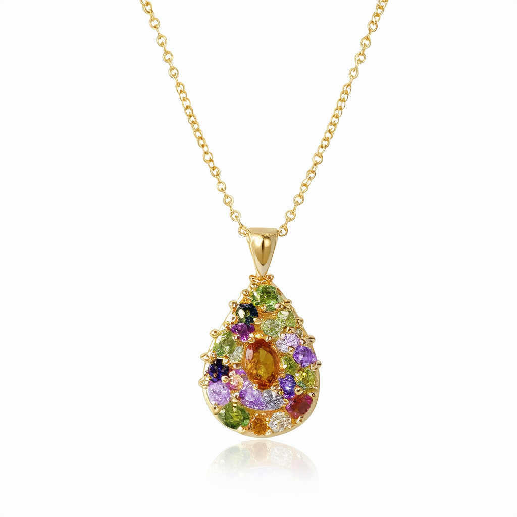18k Yellow Gold Plated Sterling Silver Multi-Gemstone Teardrop Pendant Necklace , 18"