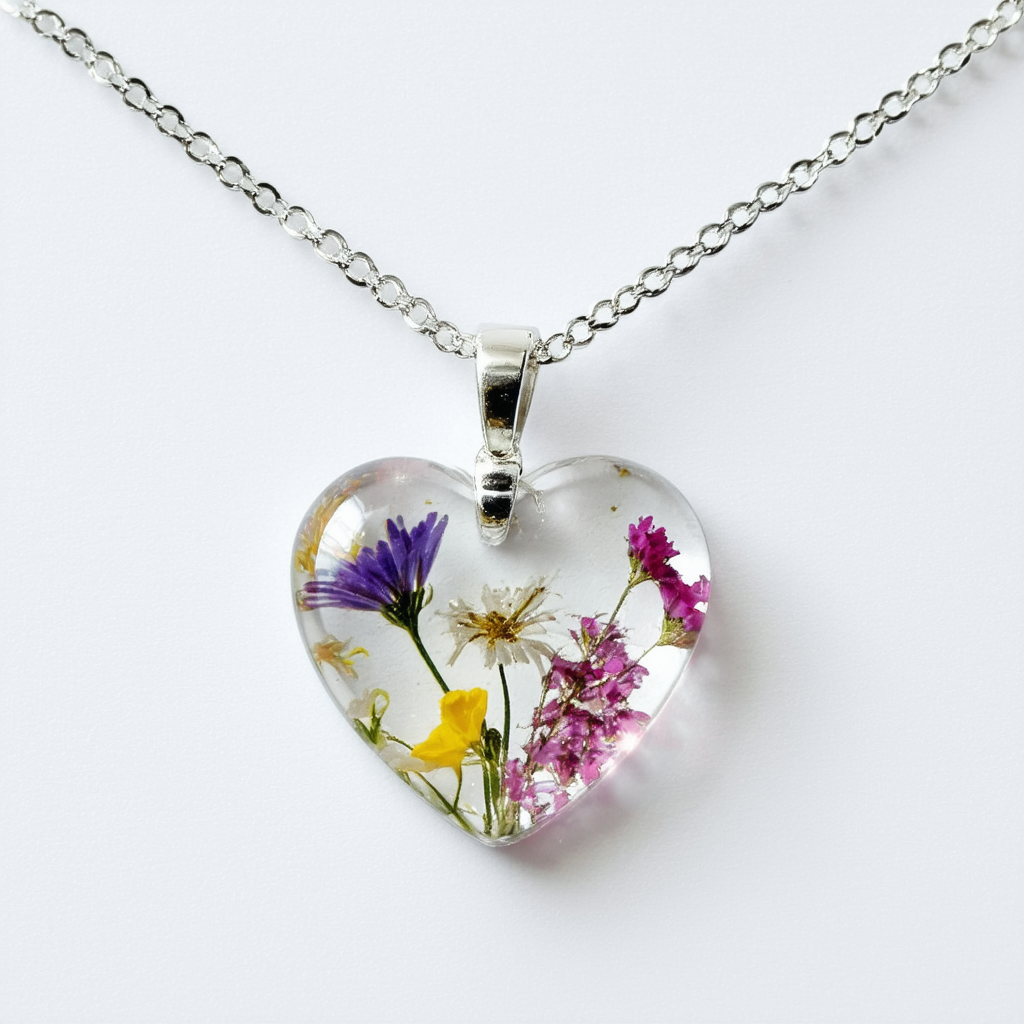 Amazon Collection Heart Glass and Pressed Flower Pendant Necklace, 18"