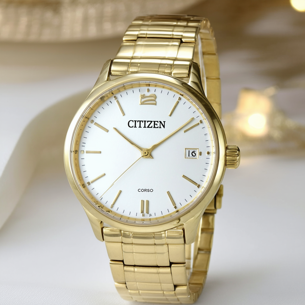 Citizen Ladies' Classic Corso Watch in Gold-Tone Stainless Steel, White Dial (Model: EW2582-59A)