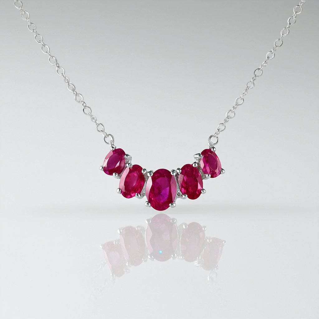 Amazon Collection Sterling Silver Oval-Shaped Created Ruby 5-Stone Pendant Necklace , 18.5"