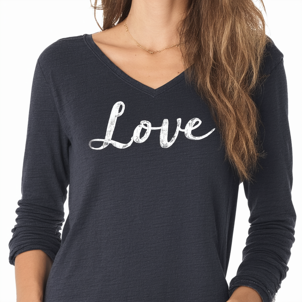 Life is good Women's Long Sleeve Crusher Vee Neck Engraved Love T-Shirt (Night Black)