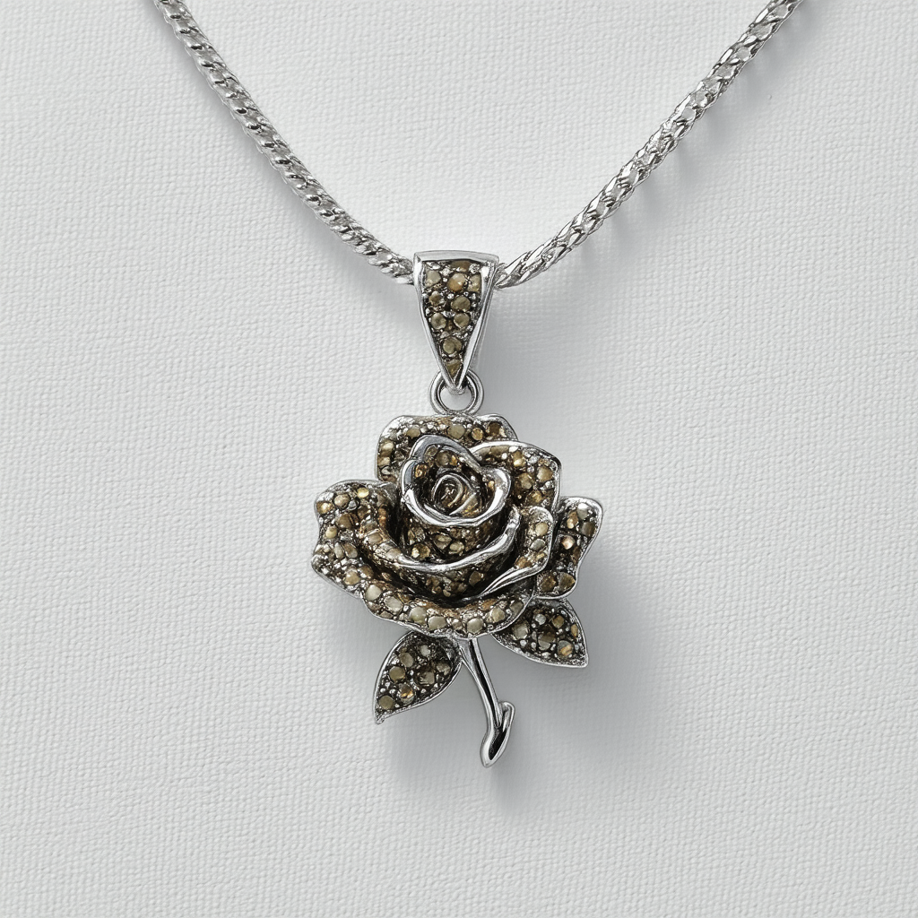 Amazon Collection Sterling Silver Marcasite Rose Necklace, 18"