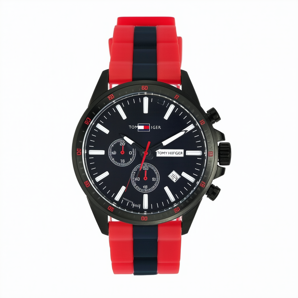 Tommy Hilfiger Men's 1790736 Sport Black Dial Red Silcon Strap with Date Function Watch