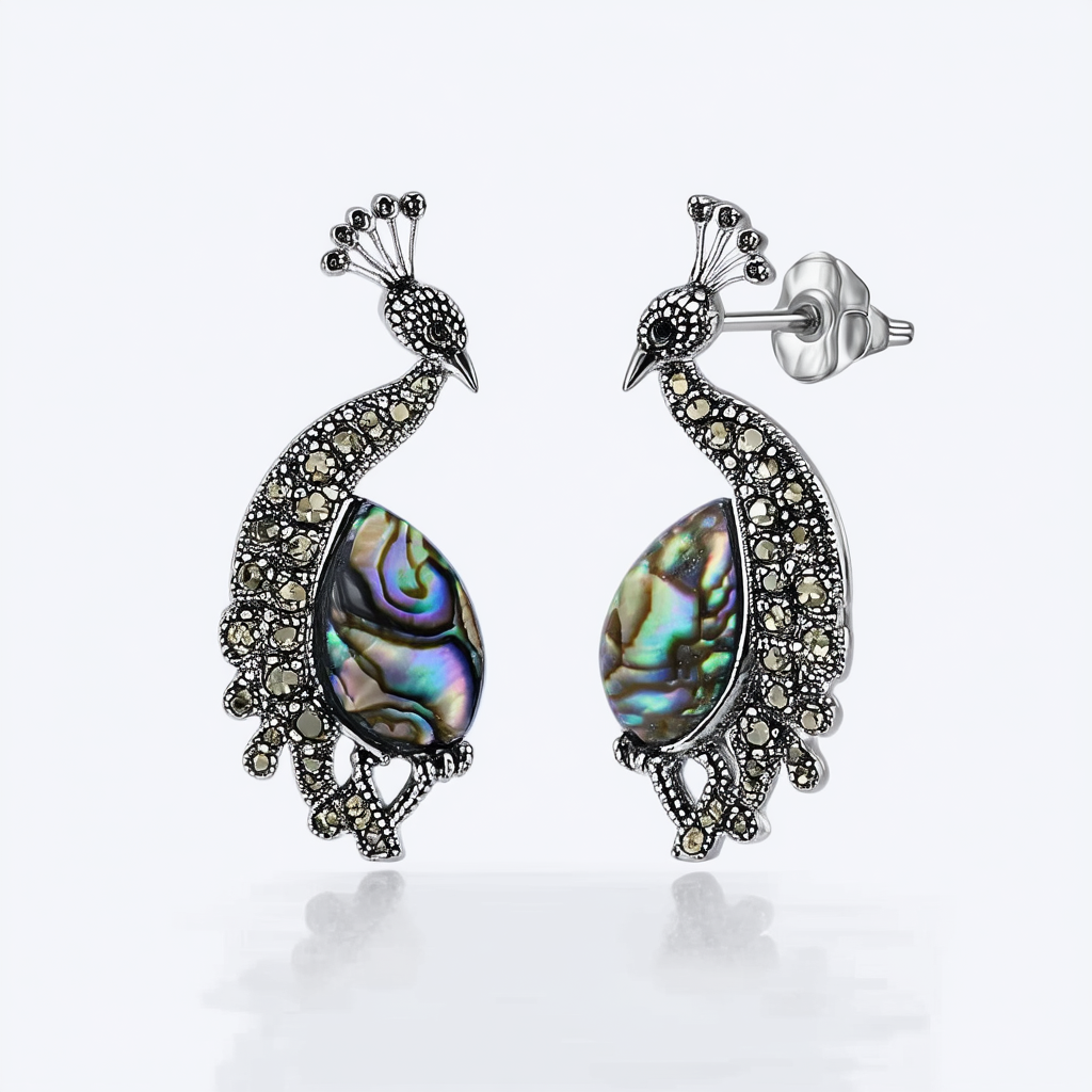 Amazon Collection Sterling Silver Multi Shaped Abalone and Marcasite Peacock Style Drop Earrings