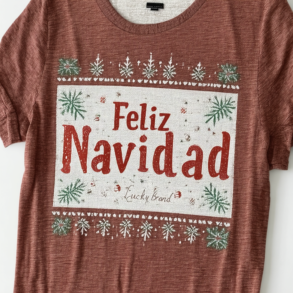 Lucky Brand Women's Short Sleeve Crew-Neck Feliz Navidad Graphic Tee