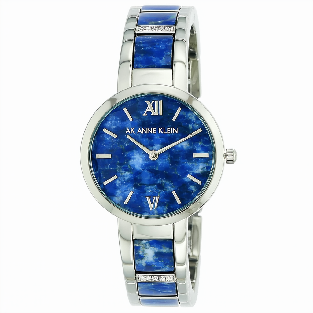 AK Anne Klein Women's 10/9843BMBL Silver-Tone Blue Marbleized Resin Bangle Watch