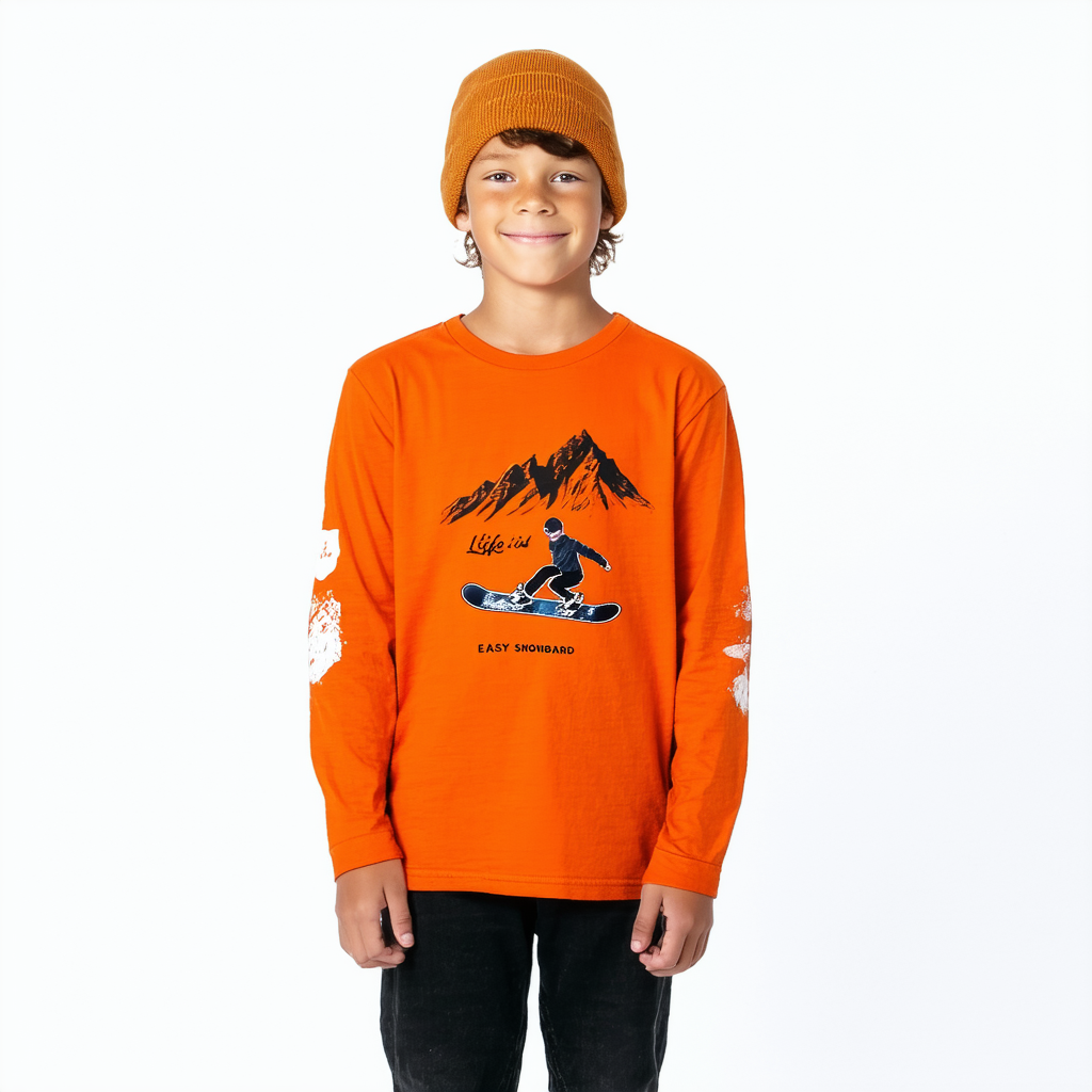 Life is Good Boy's Easy Long Sleeve Snowboard Man T-Shirt (Fiery Orange)