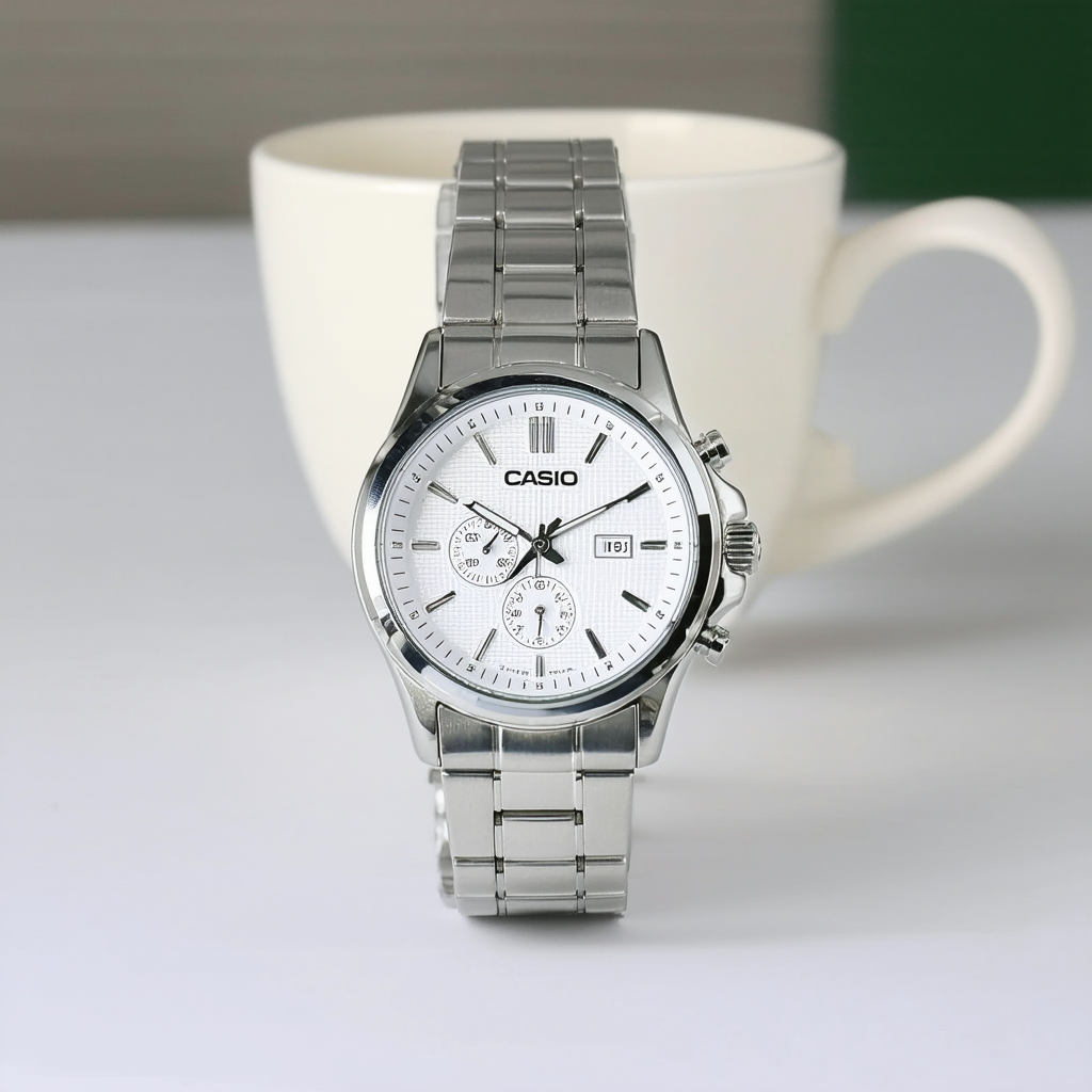 Casio Women's LTP1308SG-7AV Silver Stainless-Steel Quartz Watch with White Dial